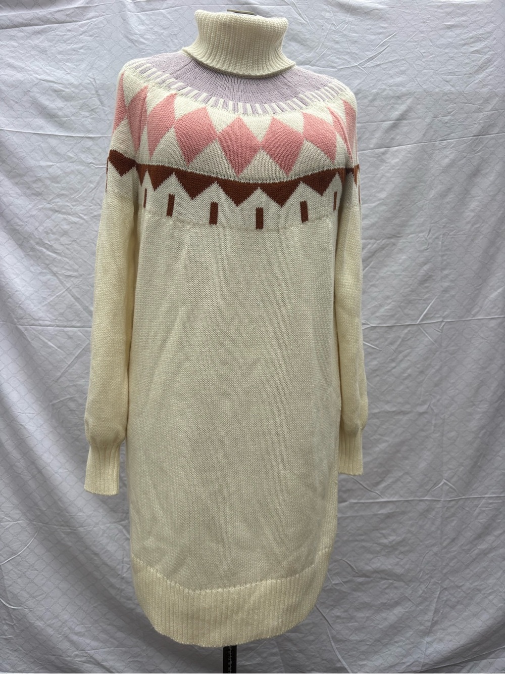 Cream Turtleneck Sweater Dress with Pink & Brown Fair Isle Yoke